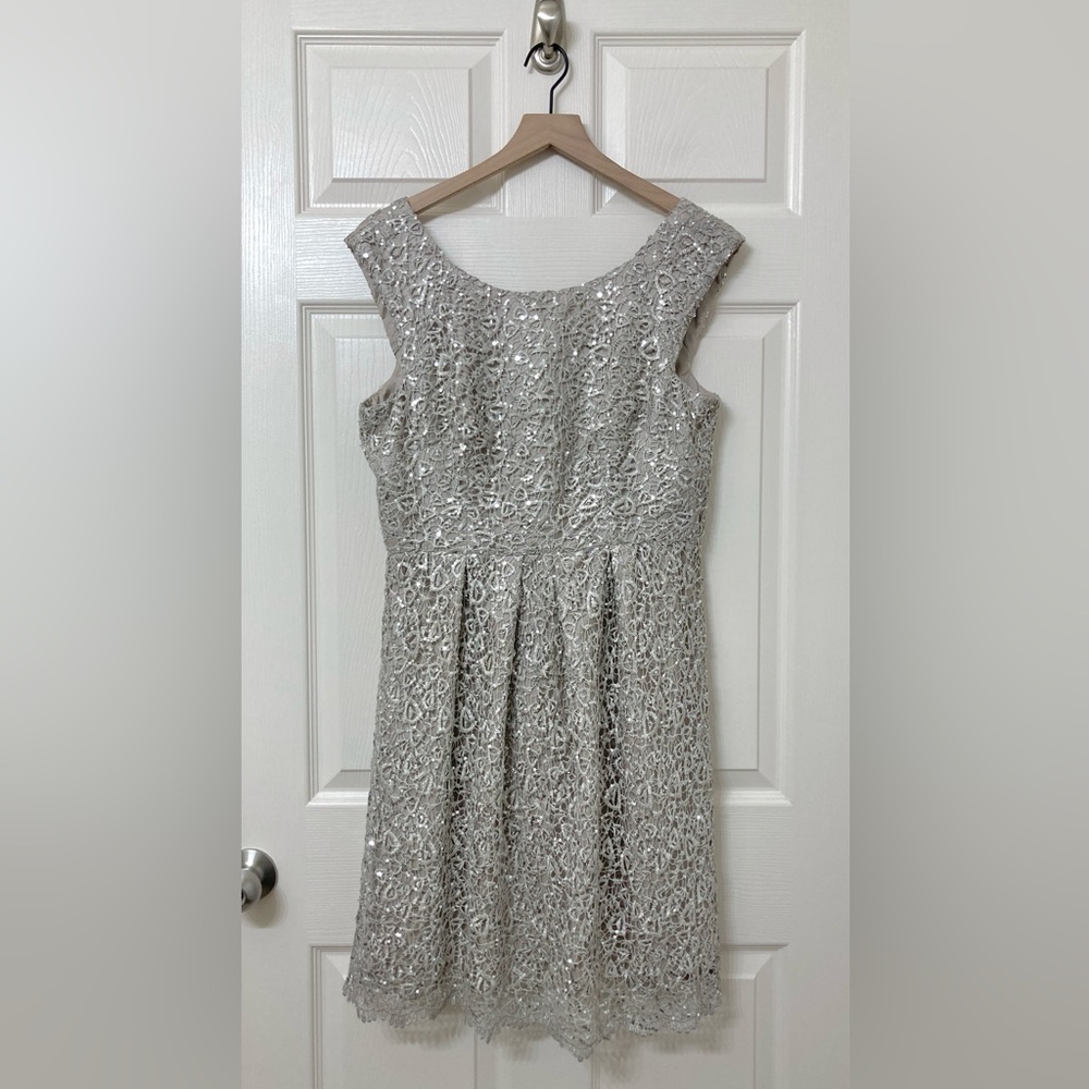 One by Eight Silver Lace Sequin A-line Dress 12 Cocktail Party Wedding Guest
